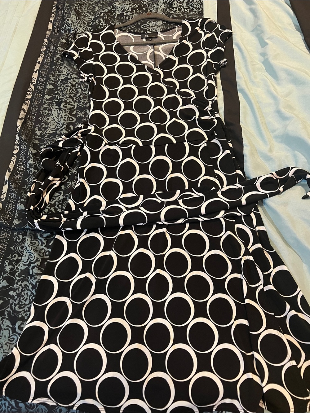 AB Studio Black & White Circle-Print Wrap-Style Midi Dress